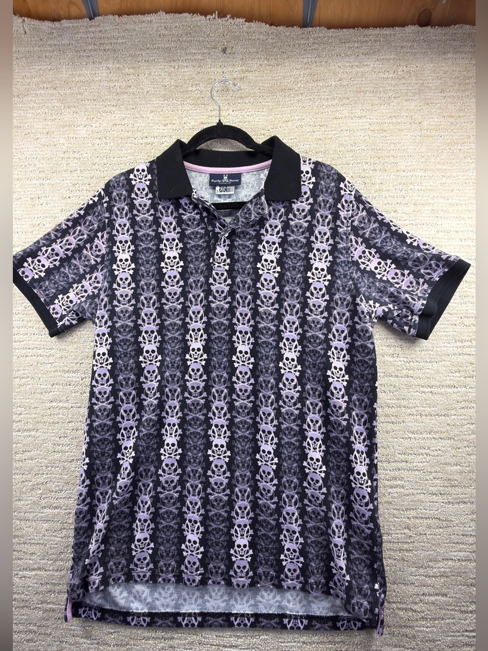 Psycho Bunny Men's Hudson Black/Purple Skull Print Short Sleeve Casual Polo